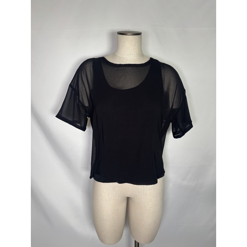 DKNY‎ Women's Black Chiffon Sheer Short Sleeve Blouse Shirt Top Size Small